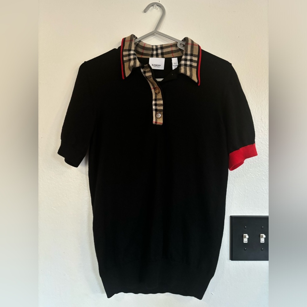 Burberry Black Short-Sleeve Polo with Vintage Check Trim